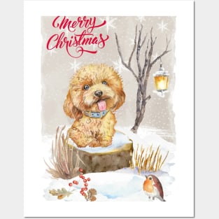 Apricot Poodle Puppy Merry Christmas Santa Dog Posters and Art